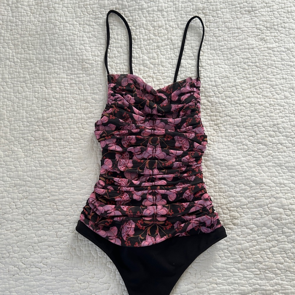 Ruched Spaghetti Strap Bodysuit with Butterfly Print